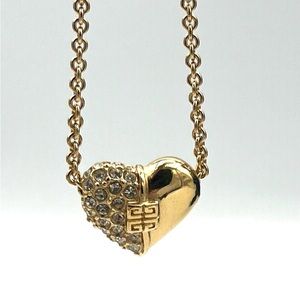 Vintage Givenchy Gold Heart Pendant Necklace with Crystal Accents